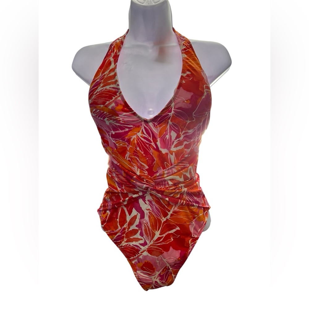 LAUREN RALPH LAUREN Tropical Print Ruched Waist One Piece Swimsuit